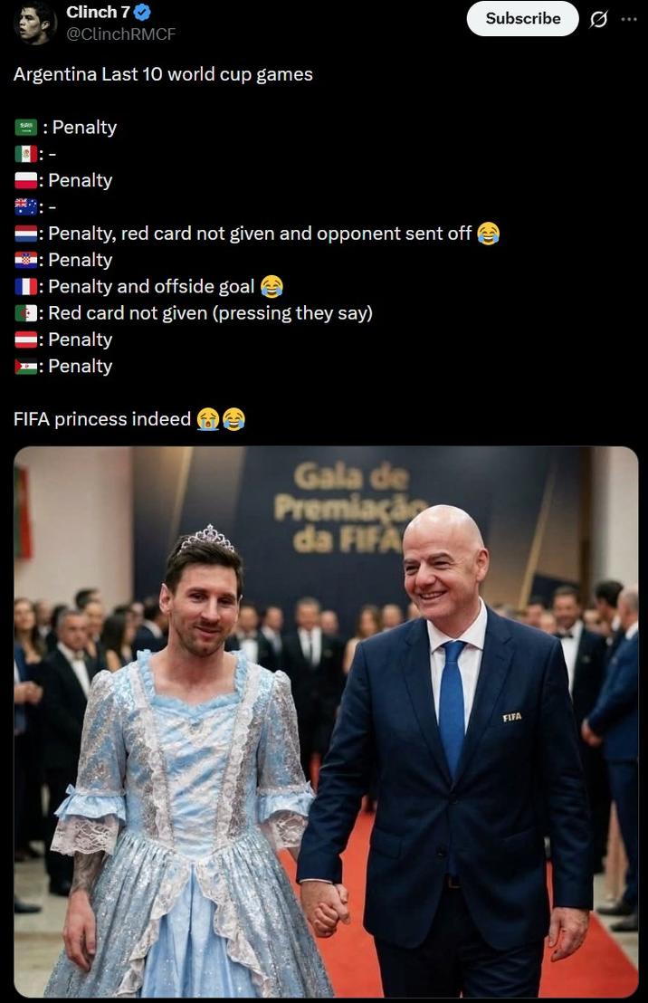 Clinch 7 ❤ @ClinchRMCF Argentina Last 10 world cup games : Penalty : Penalty ➡: Penalty, red card not given and opponent sent off : Penalty : Penalty and offside goal → : Red card not given (pressing they say) : Penalty : Penalty FIFA princess indeed Gala de Premiaçã da FIFA FIFA Subscribe 0