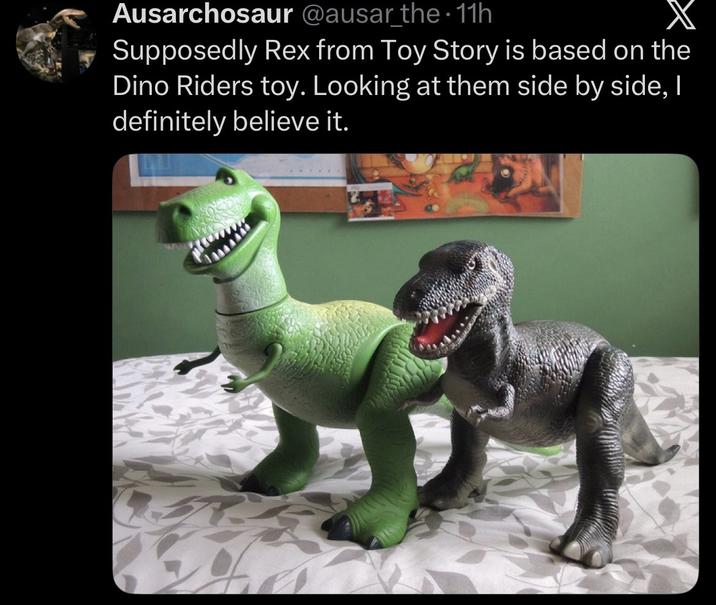 Ausarchosaur @ausar the 11h Supposedly Rex from Toy Story is based on the Dino Riders toy. Looking at them side by side, I definitely believe it.