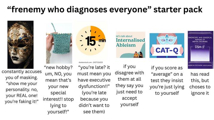 "frenemy who diagnoses everyone" starter pack constantly accuses you of masking. "show me your personality. no, your REAL one! you're faking it!” "new hobby? um, NO, you mean that's your new special interest!! stop lying to yourself!" - 15 min shutterstock.com 2437126325 "you're late? it must mean you have executive dysfunction!!" (you're late because you didn't want to see them) let's talk about Internalised Ableism if you disagree with them at all they say you just need to accept yourself CAT-Q if you score as "average" on a test they insist you're just lying to yourself DIAGNOSTIC AND STATISTICAL MANUAL OF MENTAL DISORDERS FIFTH EDITION DSM-5° AMERICAN PSYCHIATRIC ASSOCIATION has read this, but choses to ignore it