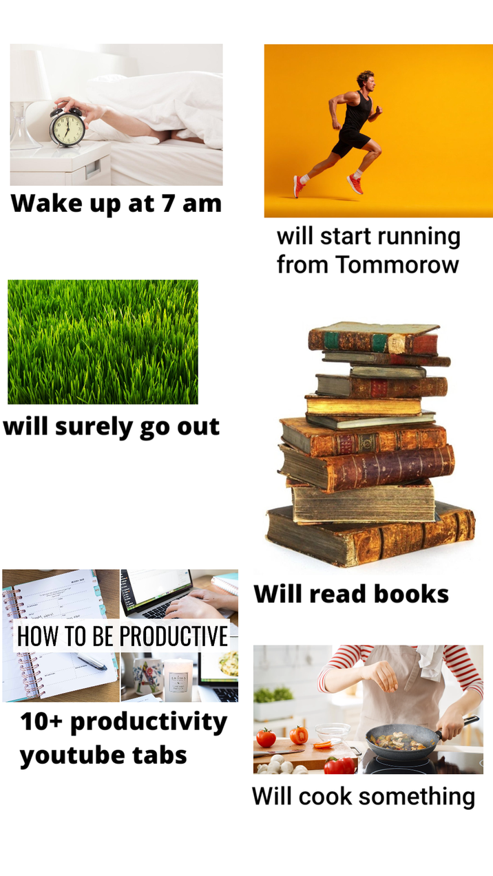Wake up at 7 am will start running from Tommorow will surely go out HOW TO BE PRODUCTIVE Will read books либол 10+ productivity youtube tabs Will cook something