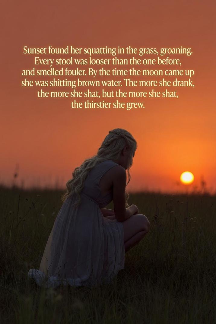 Sunset found her squatting in the grass, groaning. Every stool was looser than the one before, and smelled fouler. By the time the moon came up she was s------- brown water. The more she drank, the more she shat, but the more she shat, the thirstier she grew.