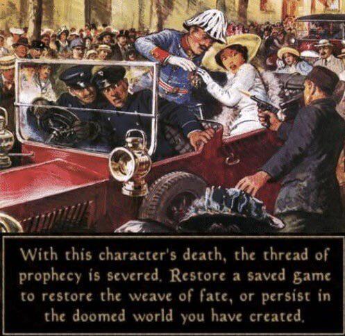 With this character's death, the thread of prophecy is severed. Restore a saved game to restore the weave of fate, or persist in the doomed world you have created.