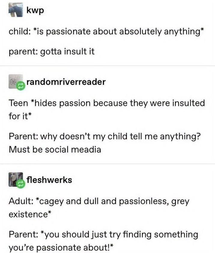 kwp child: *is passionate about absolutely anything* parent: gotta insult it randomriverreader Teen *hides passion because they were insulted for it* Parent: why doesn't my child tell me anything? Must be social meadia fleshwerks Adult: *cagey and dull and passionless, grey existence* Parent: *you should just try finding something you're passionate about!*