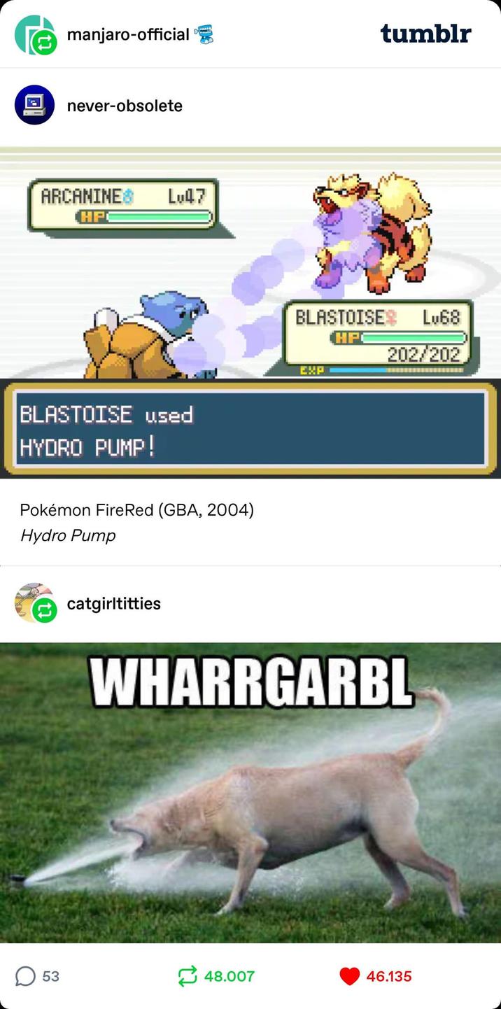 回 manjaro-official tumblr never-obsolete RRCANINE HPC Lu47 BLASTOISE used HYDRO PUMP! Pokémon FireRed (GBA, 2004) Hydro Pump catgirltitties BLASTOISE Lv68 HP 202/202 EXP WHARRGARBL ☐ 53 48.007 46.135