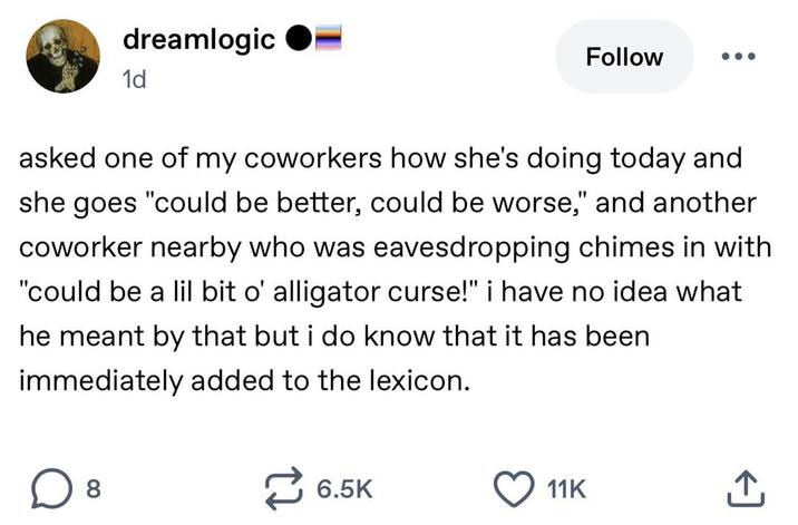 dreamlogic 1d Follow asked one of my coworkers how she's doing today and she goes "could be better, could be worse," and another coworker nearby who was eavesdropping chimes in with "could be a lil bit o' alligator curse!" i have no idea what he meant by that but i do know that it has been immediately added to the lexicon. ☐ 8 6.5K 11K <]