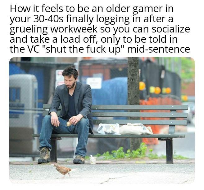 How it feels to be an older gamer in your 30-40s finally logging in after a grueling workweek so you can socialize and take a load off, only to be told in the VC "shut the f--- up" mid-sentence
