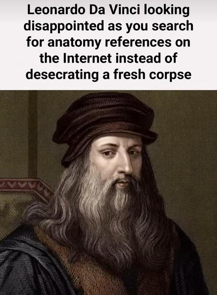 Leonardo Da Vinci looking disappointed as you search for anatomy references on the Internet instead of desecrating a fresh corpse