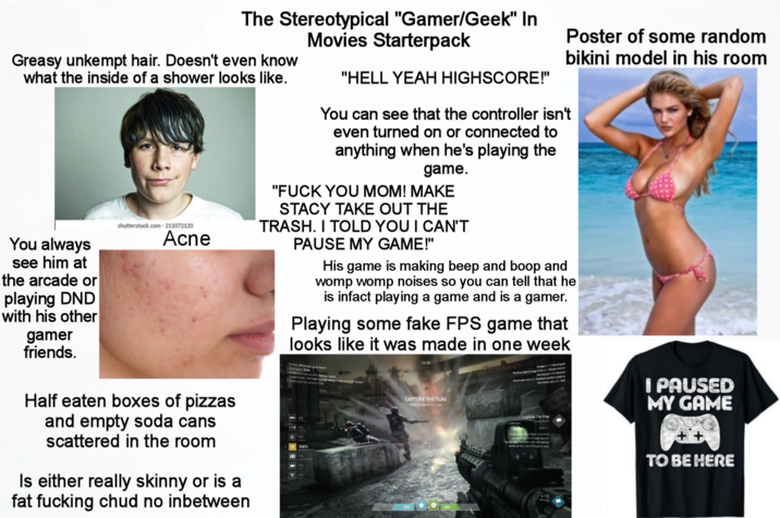 The Stereotypical "Gamer/Geek" In Movies Starterpack Greasy unkempt hair. Doesn't even know what the inside of a shower looks like. shutterstock.com 211072120 Acne You always see him at the arcade or playing DND with his other gamer friends. Half eaten boxes of pizzas and empty soda cans scattered in the room Is either really skinny or is a fat f------ chud no inbetween "HELL YEAH HIGHSCORE!" You can see that the controller isn't even turned on or connected to anything when he's playing the game. "F--- YOU MOM! MAKE STACY TAKE OUT THE TRASH. I TOLD YOU I CAN'T PAUSE MY GAME!" Poster of some random bikini model in his room His game is making beep and boop and womp womp noises so you can tell that he is infact playing a game and is a gamer. Playing some fake FPS game that looks like it was made in one week 12:30 CAPTURE THE FLAG Match Starts in 5 sec Capture The Flag +10 I PAUSED MY GAME TO BE HERE