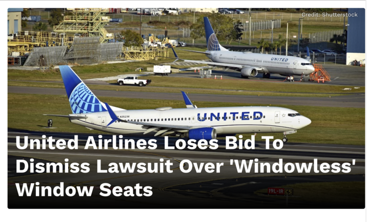 UNITED Credit: Shutterstock N35236 UNITED. United Airlines Loses Bid To Dismiss Lawsuit Over 'Windowless' Window Seats 19L-1R C5