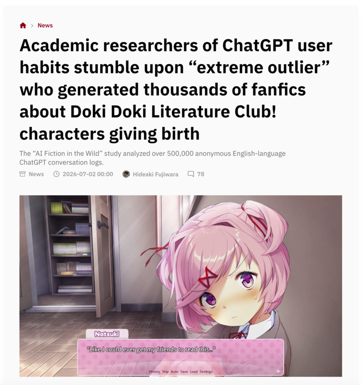 > News Academic researchers of ChatGPT user habits stumble upon "extreme outlier" who generated thousands of fanfics about Doki Doki Literature Club! characters giving birth The "AI Fiction in the Wild" study analyzed over 500,000 anonymous English-language ChatGPT conversation logs. News 2026-07-02 00:00 Hideaki Fujiwara 78 4 Natsuki "Like I could ever get my friends to read this..." History Skip Auto Save Load Settings