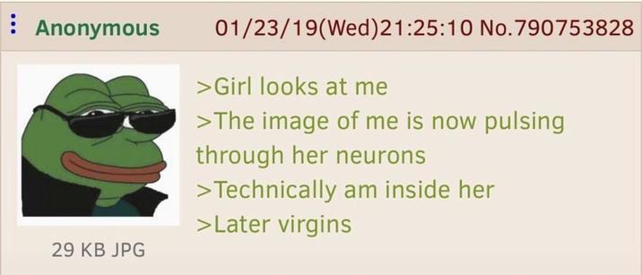 Anonymous 01/23/19(Wed) 21:25:10 No.790753828 >Girl looks at me >The image of me is now pulsing through her neurons >Technically am inside her >Later virgins 29 KB JPG