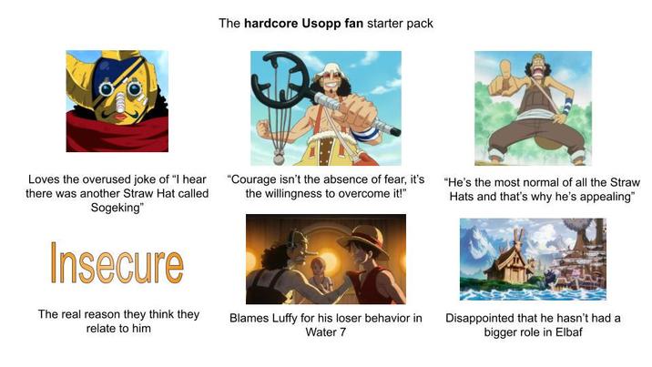 The hardcore Usopp fan starter pack Loves the overused joke of "I hear there was another Straw Hat called Sogeking" Insecure The real reason they think they relate to him "Courage isn't the absence of fear, it's the willingness to overcome it!" Blames Luffy for his loser behavior in Water 7 "He's the most normal of all the Straw Hats and that's why he's appealing" Disappointed that he hasn't had a bigger role in Elbaf