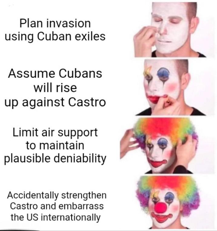 Plan invasion using Cuban exiles Assume Cubans will rise up against Castro Limit air support to maintain plausible deniability Accidentally strengthen Castro and embarrass the US internationally