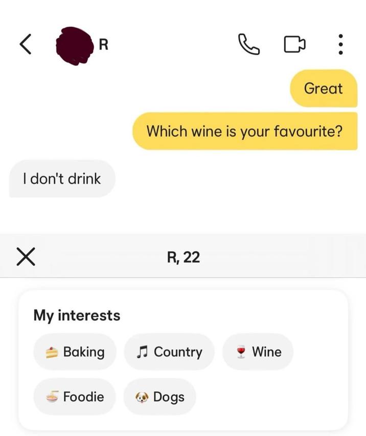 I don't drink ☑ R My interests □ : Great Which wine is your favourite? R, 22 Baking ♫ Country Wine Foodie Dogs