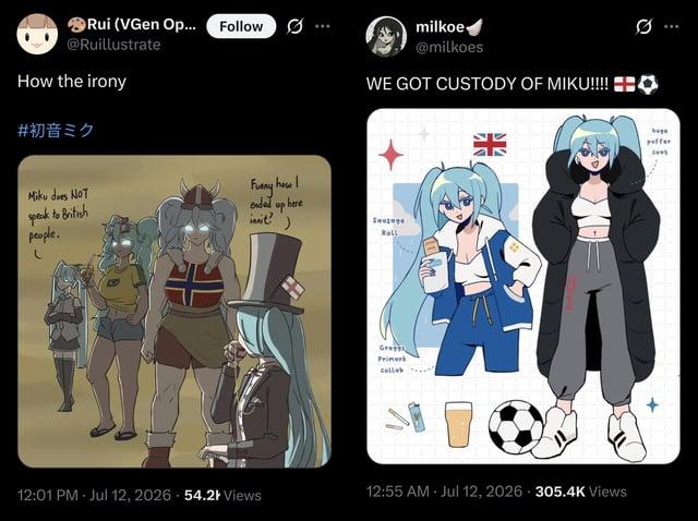 Rui (VGen Op... @Ruillustrate How the irony #初音ミク Follow Miku does NOT speak to British people. Funny how ended up here init?) H milkoe @milkoes WE GOT CUSTODY OF MIKU!!!!!! Roll Primerk 12:01 PM - Jul 12, 2026 54.2 Views 12:55 AM Jul 12, 2026 305.4K Views