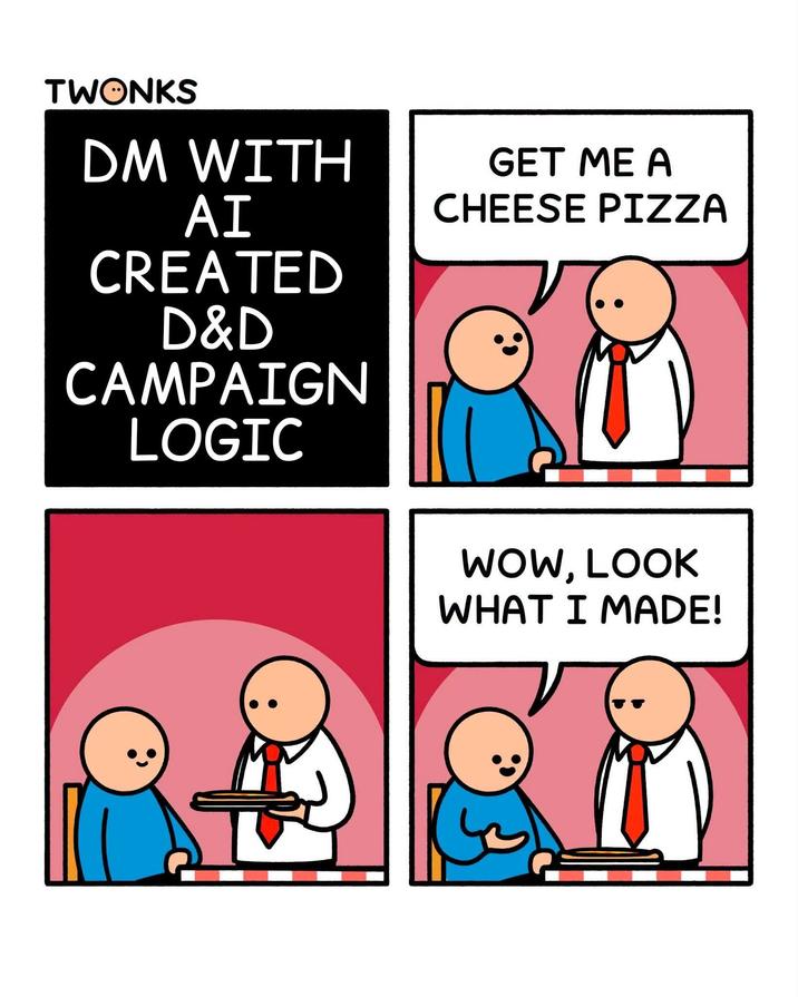 TWONKS DM WITH AI CREATED D&D CAMPAIGN LOGIC GET ME A CHEESE PIZZA WOW, LOOK WHAT I MADE!