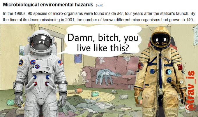 Microbiological environmental hazards [edit] In the 1990s, 90 species of micro-organisms were found inside Mir, four years after the station's launch. By the time of its decommissioning in 2001, the number of known different microorganisms had grown to 140. Damn, bitch, you live like this? atrav_is