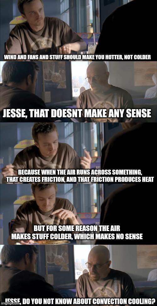 WIND AND FANS AND STUFF SHOULD MAKE YOU HOTTER, NOT COLDER JESSE, THAT DOESNT MAKE ANY SENSE BECAUSE WHEN THE AIR RUNS ACROSS SOMETHING, THAT CREATES FRICTION, AND THAT FRICTION PRODUCES HEAT BUT FOR SOME REASON THE AIR MAKES STUFF COLDER, WHICH MAKES NO SENSE JESSE, DO YOU NOT KNOW ABOUT CONVECTION COOLING? imgflip.com,