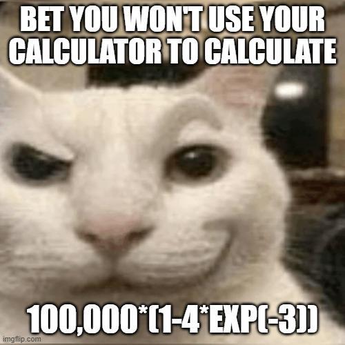 BET YOU WON'T USE YOUR CALCULATOR TO CALCULATE 100,000*(1-4*EXP(-3]] imgflip.com