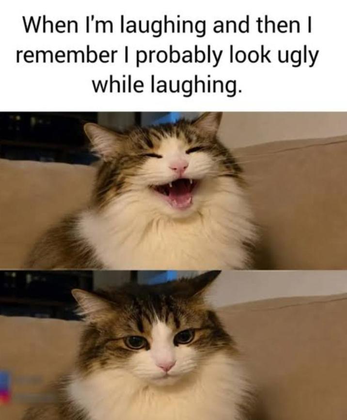 When I'm laughing and then I remember I probably look ugly while laughing.