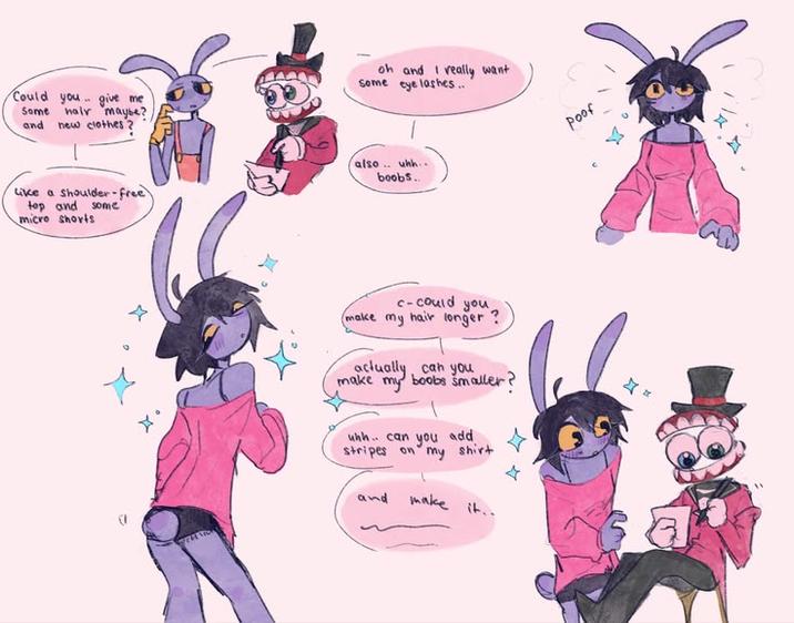 Could you give me Some hair maybe? and new clothes? oh and I really want Some eye lashes.. Like a shoulder-free top and some" micro shorts also uhh.. boobs.. c-could you make my hair longer? actually can you make my boobs smaller? whh.. can you add stripes on my shirt and make it.. Poof X 《