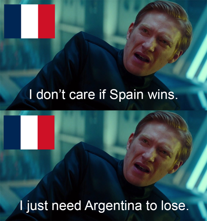 I don't care if Spain wins. I just need Argentina to lose.
