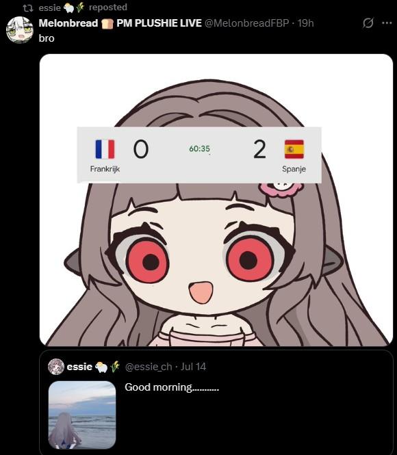 tessie reposted Melonbread PM PLUSHIE LIVE @MelonbreadFBP - 19h bro по 60:35 2 Frankrijk Spanje essie @essie_ch - Jul 14 Good morning...........