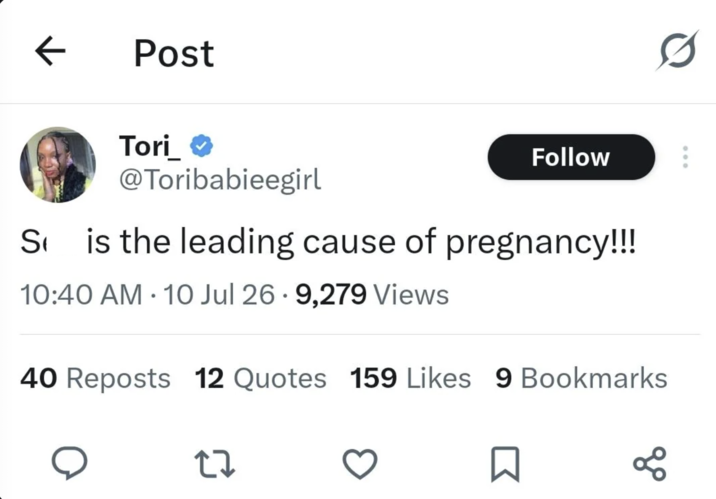 ← Post 000 Tori_❤ @Toribabieegirl Follow S is the leading cause of pregnancy!!! 10:40 AM - 10 Jul 26 9,279 Views • 40 Reposts 12 Quotes 159 Likes 9 Bookmarks 27 ☐