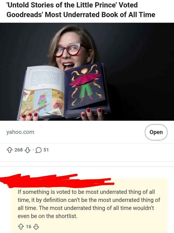 'Untold Stories of the Little Prince' Voted Goodreads' Most Underrated Book of All Time yahoo.com . 268 51 Open If something is voted to be most underrated thing of all time, it by definition can't be the most underrated thing of all time. The most underrated thing of all time wouldn't even be on the shortlist. 16