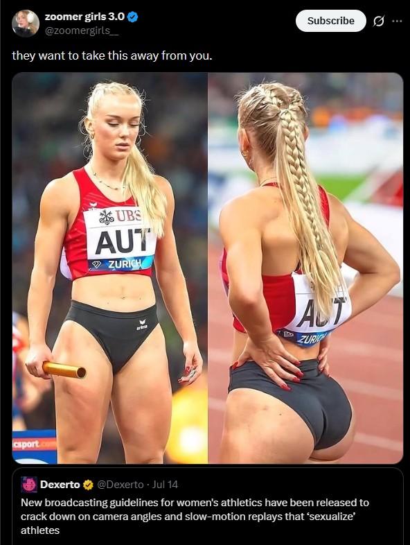 zoomer girls 3.0 @zoomergirls they want to take this away from you. csport. UBS AUT ZURICH Subscribe Ø ... AUT ZURIC Dexerto @Dexerto ⚫ Jul 14 New broadcasting guidelines for women's athletics have been released to crack down on camera angles and slow-motion replays that 'sexualize' athletes