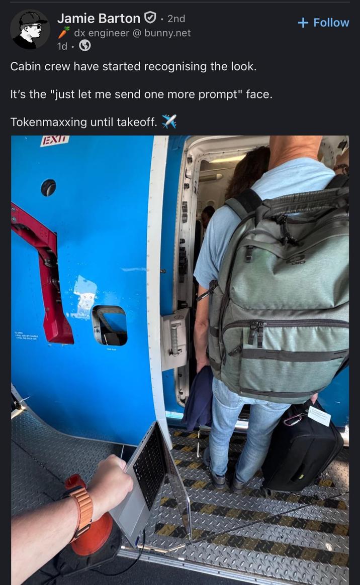 Jamie Barton • 2nd 1d. dx engineer @ bunny.net Cabin crew have started recognising the look. It's the "just let me send one more prompt" face. Tokenmaxxing until takeoff. EXID SPAL + Follow