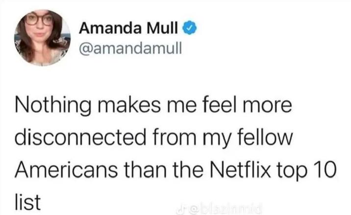 Amanda Mull @amandamull Nothing makes me feel more disconnected from my fellow Americans than the Netflix top 10 list dreblazinmid