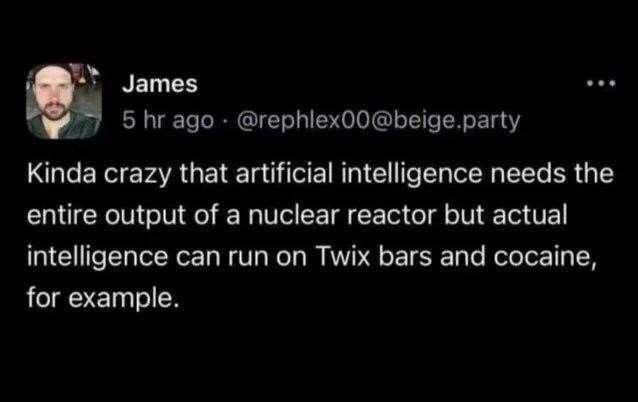 James 5 hr ago @rephlex00@beige.party Kinda crazy that artificial intelligence needs the entire output of a nuclear reactor but actual intelligence can run on Twix bars and cocaine, for example.