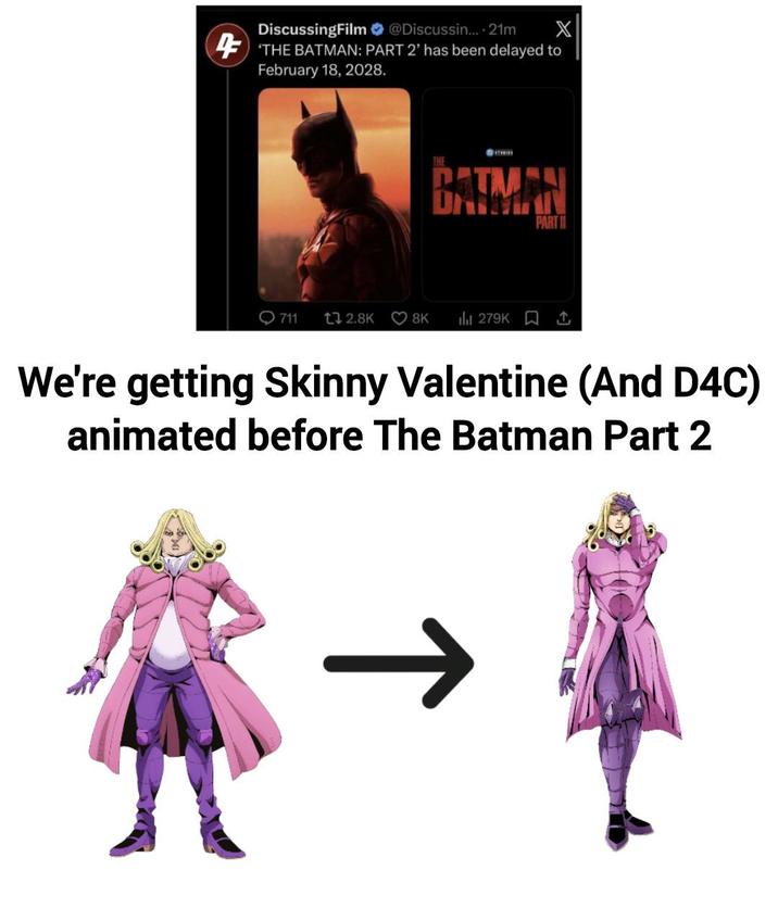 DiscussingFilm @Discussin.... 21m THE BATMAN: PART 2' has been delayed to February 18, 2028. BATMAN PART 711 t 2.8K 8K ill 279K We're getting Skinny Valentine (And D4C) animated before The Batman Part 2 ↑