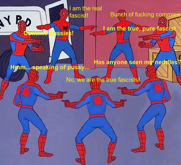 I am the real fascist! Bunch of f------ commies I am the true, pure fascist Y PO p------! Has anyone seen my neddles? Hmm... speaking of p----... No, we are the true fascists!