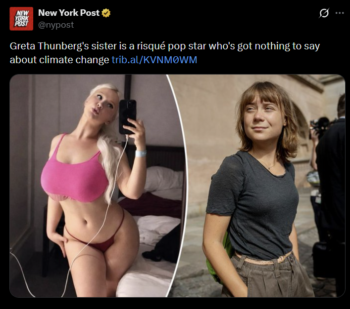 NEW New York Post YORK POST @nypost Greta Thunberg's sister is a risqué pop star who's got nothing to say about climate change trib.al/KVNMOWM Ø
