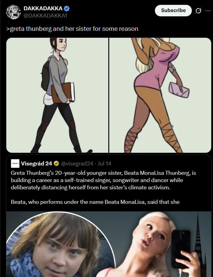 DAKKADAKKA @DAKKADAKKA1 >greta thunberg and her sister for some reason Subscribe 0 Visegrád 24 * @visegrad24 - Jul 14 Greta Thunberg's 20-year-old younger sister, Beata MonaLisa Thunberg, is building a career as a self-trained singer, songwriter and dancer while deliberately distancing herself from her sister's climate activism. Beata, who performs under the name Beata MonaLisa, said that she