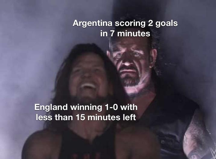 Argentina scoring 2 goals in 7 minutes England winning 1-0 with less than 15 minutes left