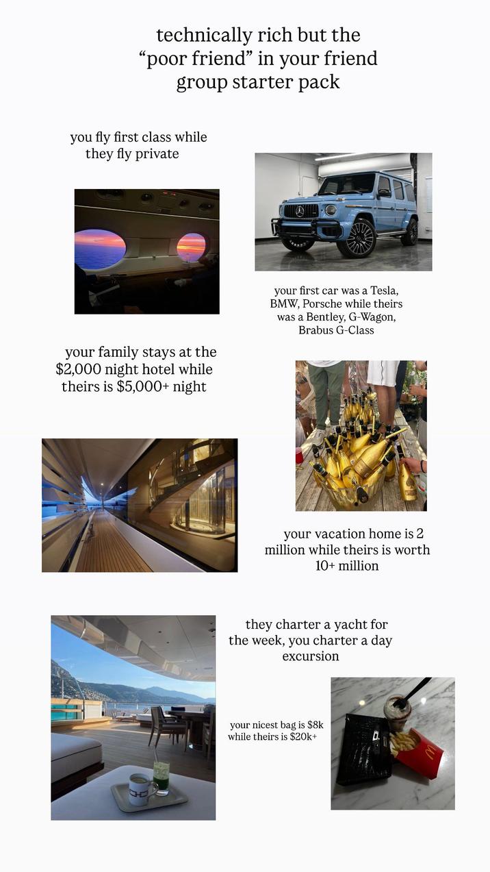 technically rich but the "poor friend" in your friend group starter pack you fly first class while they fly private your family stays at the $2,000 night hotel while theirs is $5,000+ night your first car was a Tesla, BMW, Porsche while theirs was a Bentley, G-Wagon, Brabus G-Class your vacation home is 2 million while theirs is worth 10+ million they charter a yacht for the week, you charter a day excursion your nicest bag is $8k while theirs is $20k+