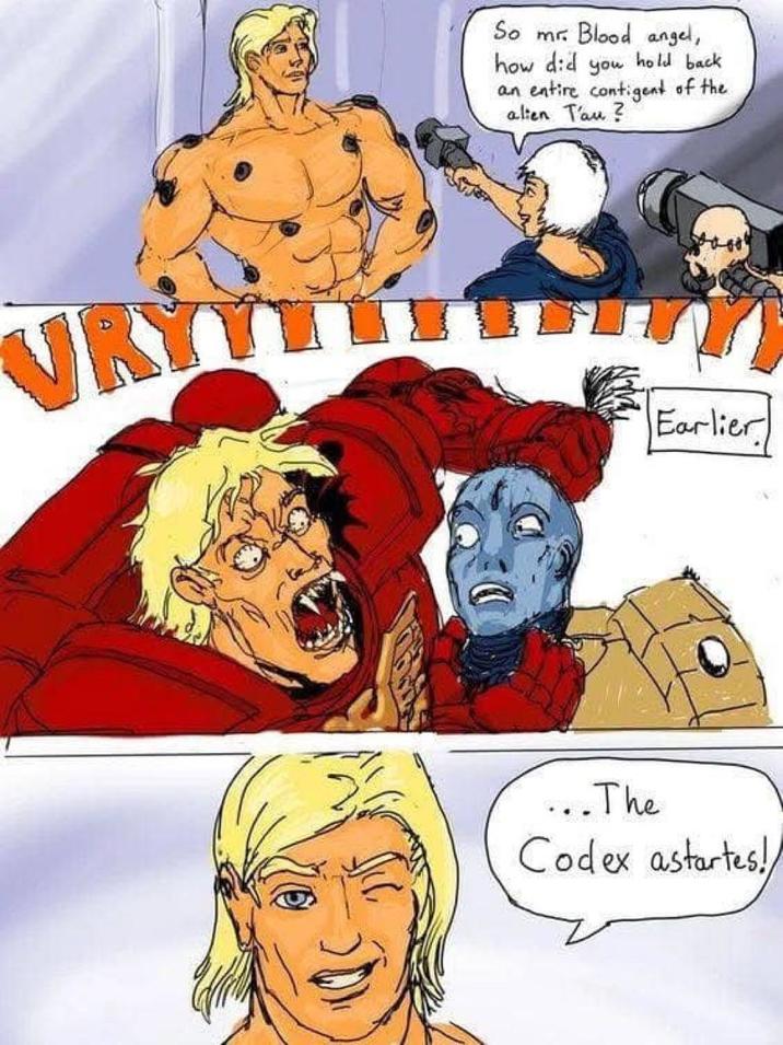 VRY So mr Blood angel, hold back how did you an entire contigent of the alien Tau? Earlier ...The Codex astartes!