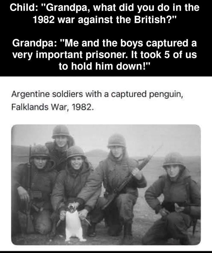 Child: "Grandpa, what did you do in the 1982 war against the British?" Grandpa: "Me and the boys captured a very important prisoner. It took 5 of us to hold him down!" Argentine soldiers with a captured penguin, Falklands War, 1982.