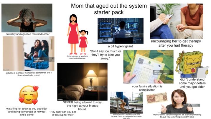 probably undiagnosed mental disorder 1057923694 Mom that aged out the system starter pack iStock Credit: gorodenkoff encouraging her to get therapy after you had therapy 808157766 a bit hypervigilant iStock Other parents or teachers surprised at her age "Don't say too much or they'll try to take you away." Credit: recep-bg acts like a teenager mentally so sometimes she's like a sister/older cousin iStock Credit: tru watching her grow as you get older and being very proud of how far she's come 173589999 NEVER being allowed to stay the night at your friends house "Hey baby can you pee in this cup for me?" 2153582682 CERTIDÃO DE NASCIMENTO iStock Credit: Jeniffer Fontan your family situation is complicated TMENT OF AGRICULTURE FOOD COLE 31516153 didn't understand some major details until you got older iStock thinking she's not mistreating her kids because it's not as bad as what she had to deal with nitpicky about certain things but it's overcompensating to give you something she didn't have