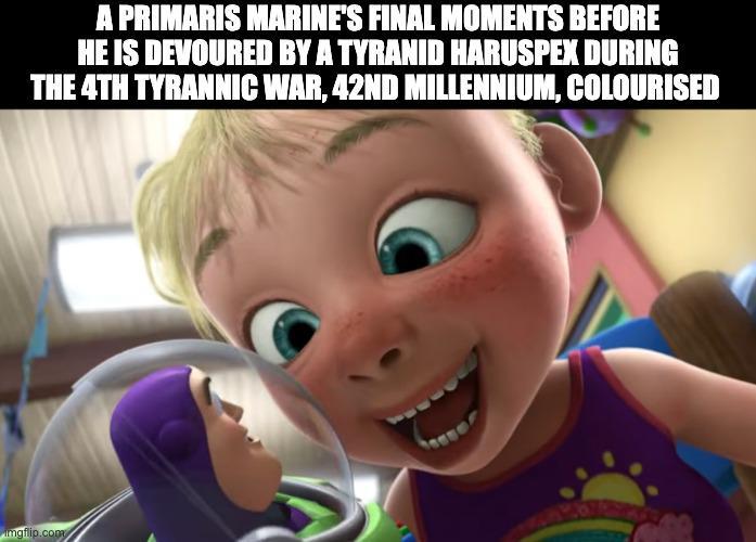 A PRIMARIS MARINE'S FINAL MOMENTS BEFORE HE IS DEVOURED BY A TYRANID HARUSPEX DURING THE 4TH TYRANNIC WAR, 42ND MILLENNIUM, COLOURISED imgflip.com