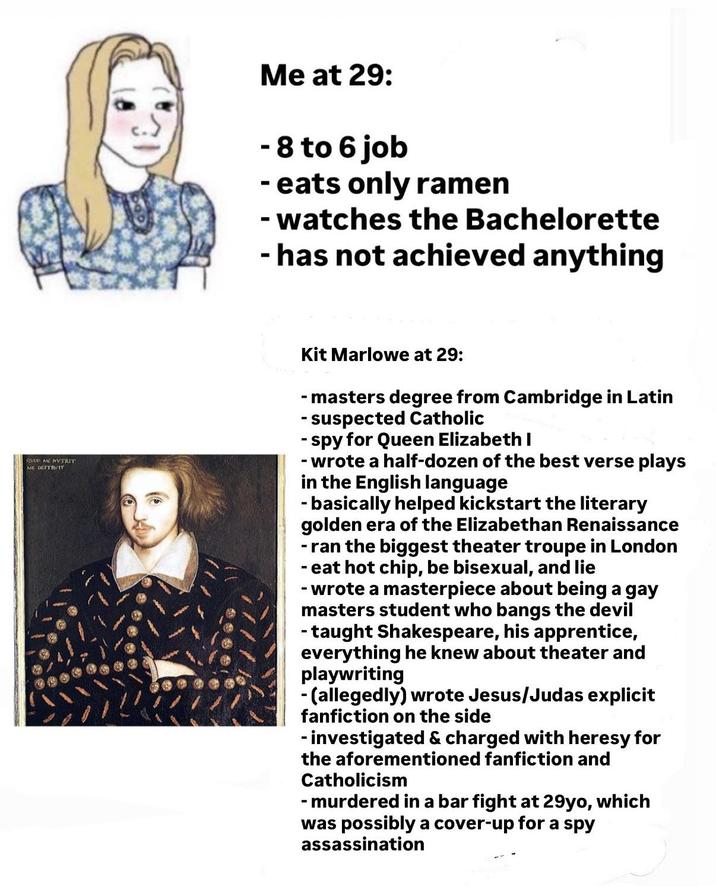 QVOD ME NYTRIT ME DESTRVIT Me at 29: - 8 to 6 job - eats only ramen watches the Bachelorette - has not achieved anything Kit Marlowe at 29: - masters degree from Cambridge in Latin - suspected Catholic - spy for Queen Elizabeth I -wrote a half-dozen of the best verse plays in the English language - basically helped kickstart the literary golden era of the Elizabethan Renaissance - ran the biggest theater troupe in London - eat hot chip, be bisexual, and lie wrote a masterpiece about being a gay masters student who bangs the devil -taught Shakespeare, his apprentice, everything he knew about theater and playwriting - (allegedly) wrote Jesus/Judas explicit fanfiction on the side - investigated & charged with heresy for the aforementioned fanfiction and Catholicism - murdered in a bar fight at 29yo, which was possibly a cover-up for a spy assassination