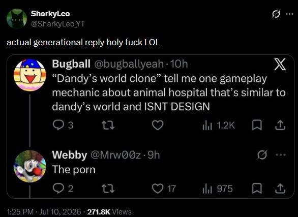 SharkyLeo @SharkyLeo_YT actual generational reply holy f--- LOL 0 Bugball @bugballyeah. 10h X "Dandy's world clone" tell me one gameplay mechanic about animal hospital that's similar to dandy's world and ISNT DESIGN 3 27 Webby @Mrw00z.9h The p--- 2 27 ili 1.2K 0 17 ill 975 1:25 PM - Jul 10, 2026 271.8K Views