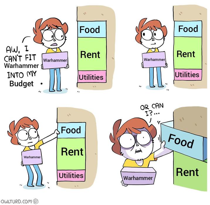 AW, I CAN'T FIT Warhammer INTO MY Budget • Food Food Rent Rent Warhammer Warhammer Utilities Utilities Warhammer Food Rent OR CAN I?... Food Rent Utilities Warhammer OWLTURD.COM