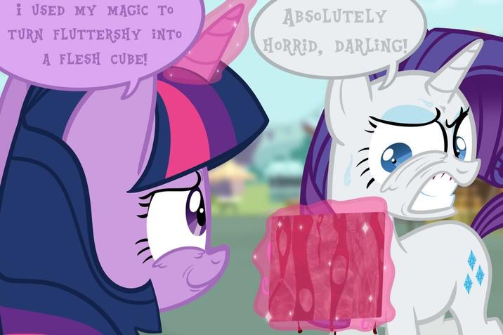 i USED MY MAGIC TO TURN FLUTTERSHY INTO A FLESH CUBE! ABSOLUTELY HORRID, DARLING!