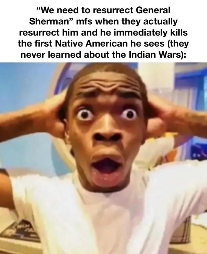 "We need to resurrect General Sherman" mfs when they actually resurrect him and he immediately kills the first Native American he sees (they never learned about the Indian Wars):