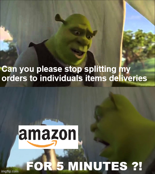 Can you please stop splitting my orders to individuals items deliveries imgflip.com amazon FOR 5 MINUTES ?!
