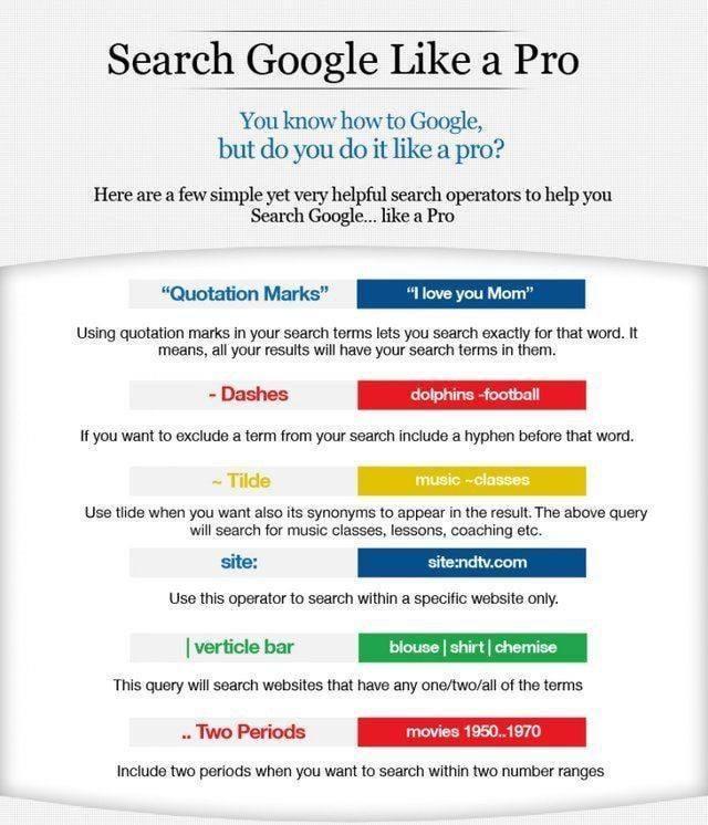 Search Google Like a Pro You know how to Google, but do you do it like a pro? Here are a few simple yet very helpful search operators to help you Search Google... like a Pro "Quotation Marks" "I love you Mom" Using quotation marks in your search terms lets you search exactly for that word. It means, all your results will have your search terms in them. - Dashes dolphins -football If you want to exclude a term from your search include a hyphen before that word. - Tilde music --classes Use tlide when you want also its synonyms to appear in the result. The above query will search for music classes, lessons, coaching etc. site: site:ndtv.com Use this operator to search within a specific website only. | verticle bar blouse | shirt | chemise This query will search websites that have any one/two/all of the terms ..Two Periods movies 1950..1970 Include two periods when you want to search within two number ranges